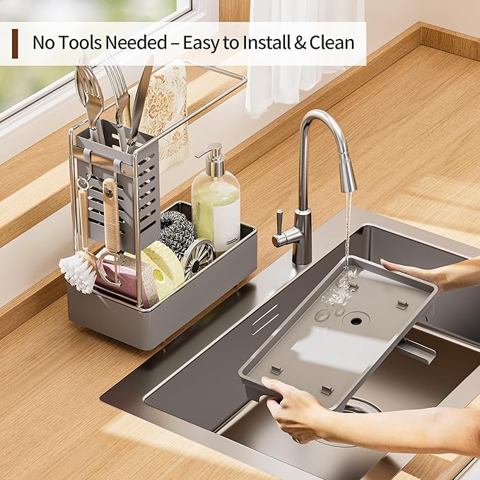 MOUKABAL Sponge Holder for Kitchen Sink, 2-Tier Sink Caddy Organizer with Drain Holes and Hooks, Holds Dishcloth, Sponge & Brushes, Kitchen Countertop Storage for New Home Essentials Grey