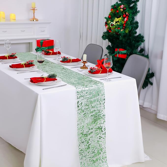 Snowkingdom Sage Green Table Runner, Sequin Glitter Foil Metallic Sage Green Mesh Spring Table Runner 11inch x 240inch,Table Decorations for Party Wedding Bridal Birthday Shower Christmas