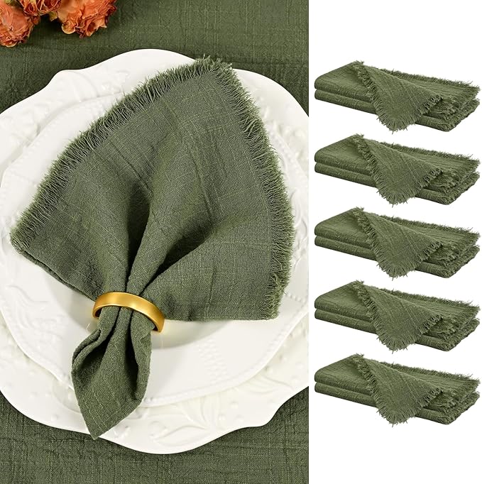Showgeous 10 Pack Olive Green Cloth Napkins with Fringe 16x16 inch 100% Cotton Green Napkins Handmade Dinner Napkins Bulk Washable Soft Rustic Table Napkins for Wedding Parties Bridal Baby Shower