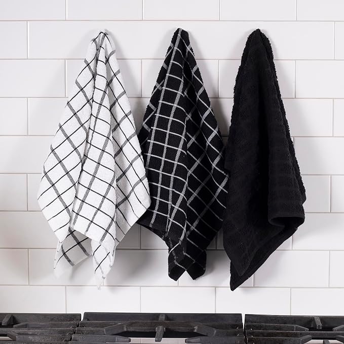 Ritz Premium 100% Cotton Terry Check Kitchen Dish Towels - Highly Absorbent, Super Soft, Long-Lasting, 25"x15", 3-Pack, Black