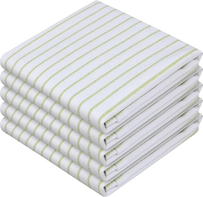 Lemon Green Stripe Kitchen Towels (5 Pack), 100% Cotton, Classic Striped, Super Absorbent & Durable Dish Cloths, Quick Dry Towel Set for Drying Dishes, Everyday Kitchen Cleaning