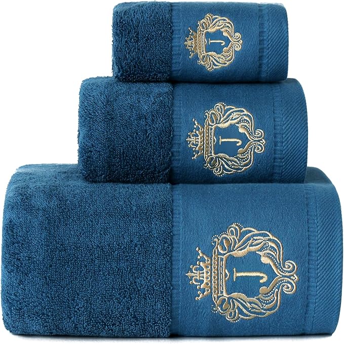 Luxury Bathroom Super Soft and Highly Absorbent Premium 100% Cotton Bath Towel Set for Gifts (Blue-J)