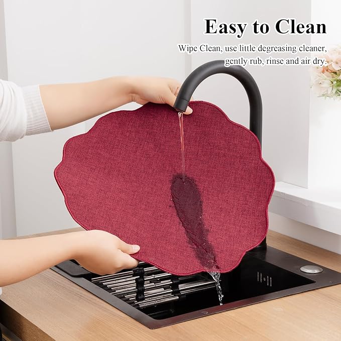 SHACOS Scalloped Round Placemats Set of 6 Polyester Linen Blend 15 inch Washable Non Slip Place Mats Easy Clean Heat Resistant Table Mats for Kitchen Dining Table Decor, Red