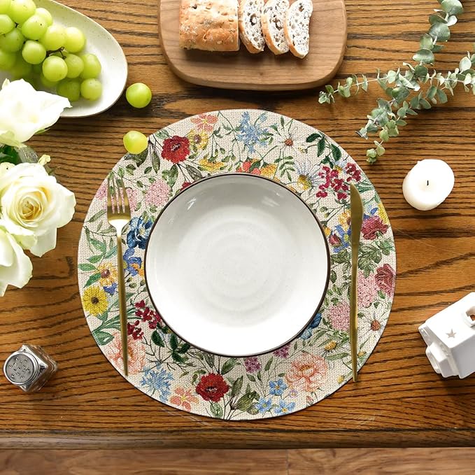 Artoid Mode Vintage Floral Spring Round Placemats Set of 4, 14 Inch Seasonal Holiday Round Table Mats for Party Kitchen Dining Decoration