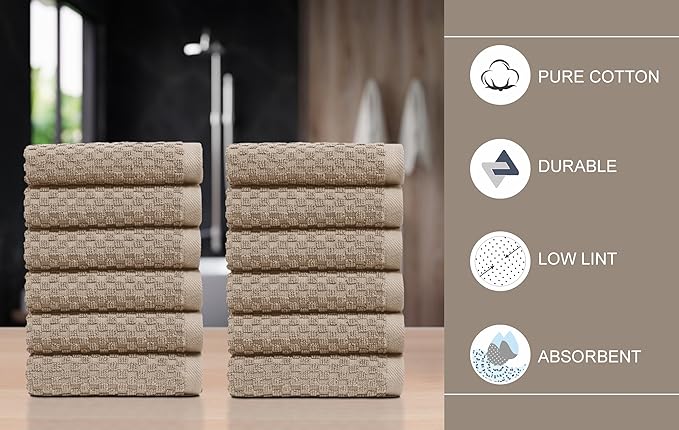 COTTON CRAFT Euro Spa Waffle Wash Cloth - Set of 12 Luxury Pure Ringspun Cotton Waffle Weave Bathroom Face Towel - Everyday Absorbent Hotel Gym Shower Beach Kitchen Travel Dorm - 12x12 inches - Linen
