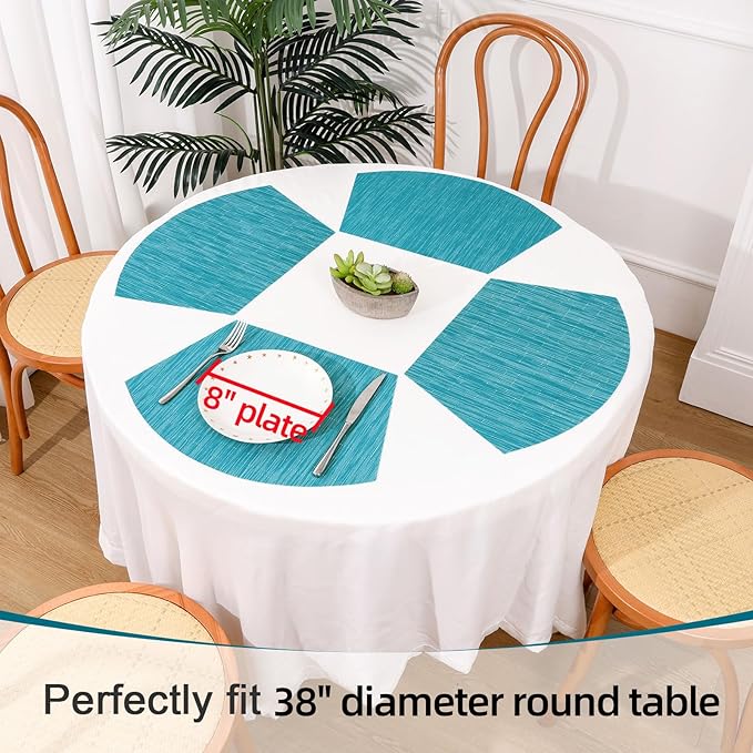 SHACOS Wedge Shape Placemats Set of 8 Woven Vinyl Reversible Placemats for Round Table Curved Place Mats Wipe Clean Non Slip Table Mats Indoor Outdoor, Teal Blue
