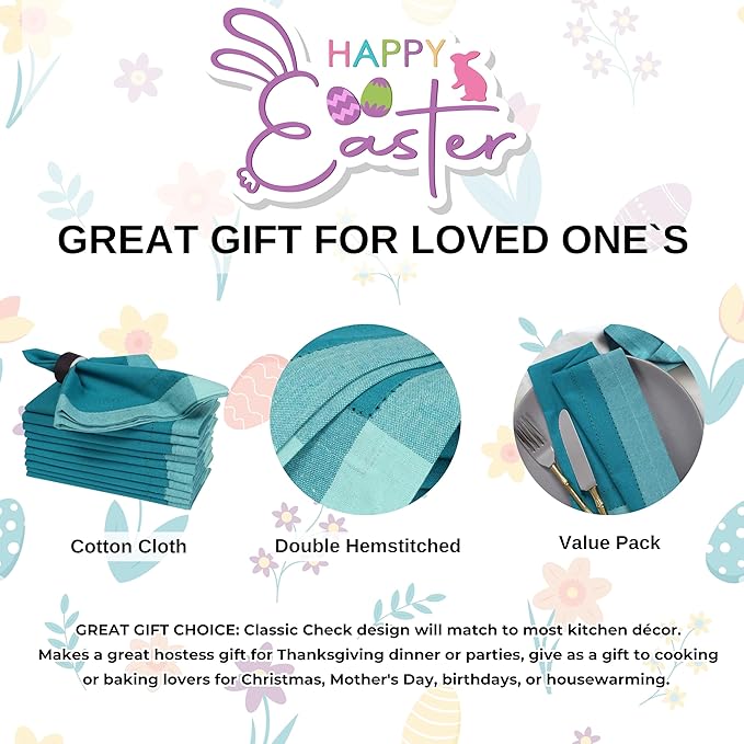 Bedding Craft Cotton Cloth Dinner Napkins Set of 12 – 20x20 Teal Multi Double Hemstitched – Machine Washable Reusable Fabric Napkins for Weddings & Dinner Tables