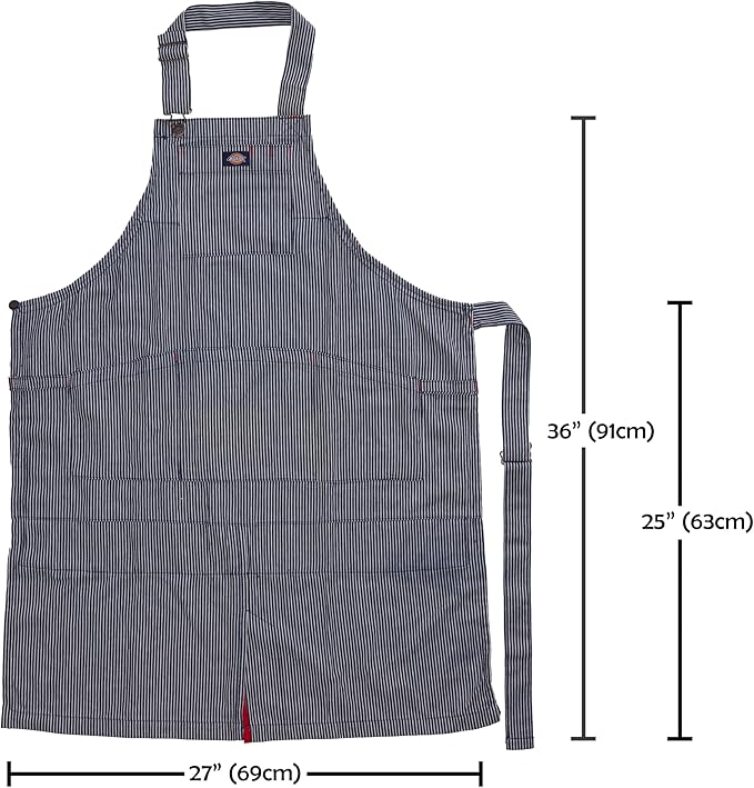 Dickies 6-Pocket Chef and Shop Work Apron, Durable Cotton Canvas, Fully Adjustable Straps, Leg Split, Machine Washable, Blue and White Hickory Stripe