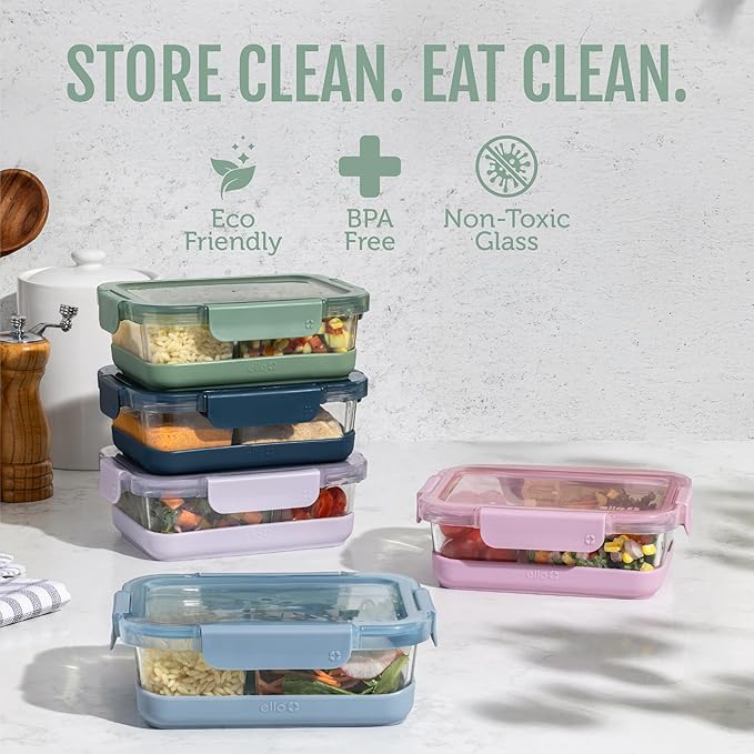 Ello Duraglass Refresh 3.4 Cup Divided Meal Prep Set 10Pc, 5 Pack, 2 Compartment Glass Food Storage Container with Silicone Boot and Airtight BPA-Free Plastic Lids, Dishwasher & Microwave Safe, Glade