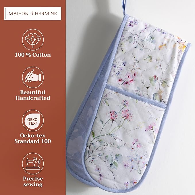 Maison d' Hermine Double Oven Mitts 100% Cotton 7"x35" Double Oven Mitt Heat Resistant BBQ Cooking Gloves with Loop Baking Grilling Gifts for Mothers Day Spring Summer (Summer Floral)