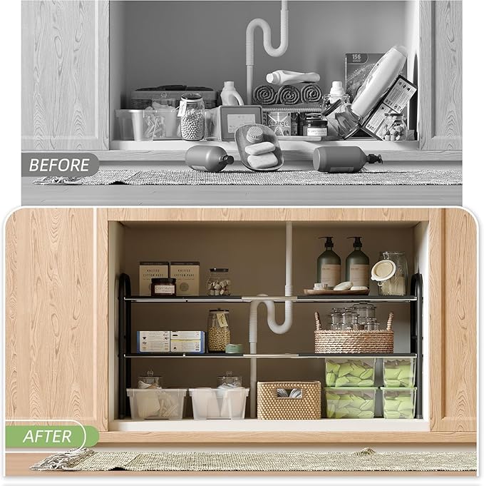 Under Sink Organizer, 2-Tier Expandable Stainless Steel Storage Rack with Removable Panels, Waterproof Anti-Slip Cabinet Shelf for Kitchen, Bathroom & Laundry