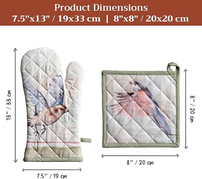 Maison d' Hermine 100% Cotton Oven Mitt & Pot Holder Set (7.5"x13" & 8"x8") Heat Resistant BBQ Cooking Gloves with Loop Baking Grilling Kitchen Gifts for Mothers Day Spring/Summer (Flying Birds)