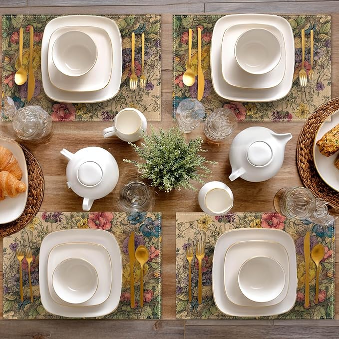 HOMETITUTE Placemats Set of 4 12x18 inch Dog Pattern Spring Table Mats for Dining Table Linen Placemats Farmhouse Decorations Kitchen Decor Desk Mat for Outdoor Home Party Kitchen Seasonal Dining