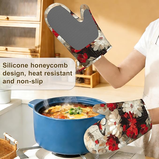 Oven Mitts and Pot Holders White Red Flower Silicone Kitchen Accessories Set of 4 Heat Resistant Gloves Butterfly Potholder Non-Slip Grip for Chef Cooking Baking Grilling BBQ