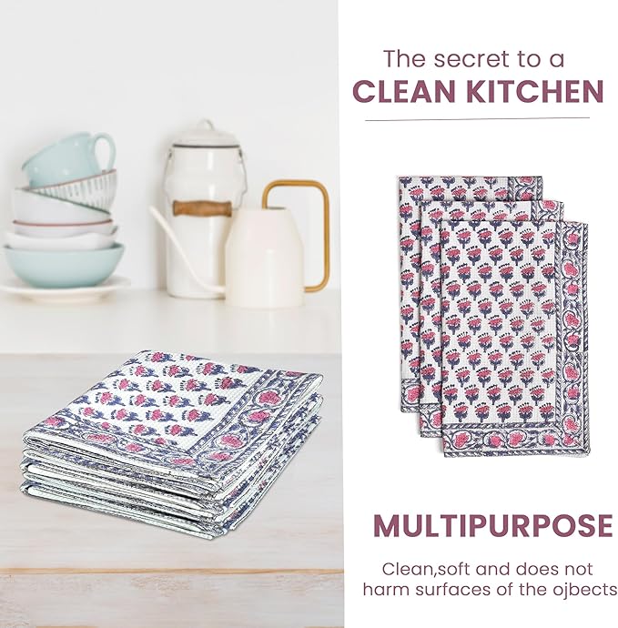 CPC Pink Sapphire Hand Block Print Waffle Kitchen Towel Set of 3-16 x28 Ultra Absorbent Quick Dry Microfiber Dish Towels Lightweight Reusable Sustainable Tea Towels for Cleaning and Drying
