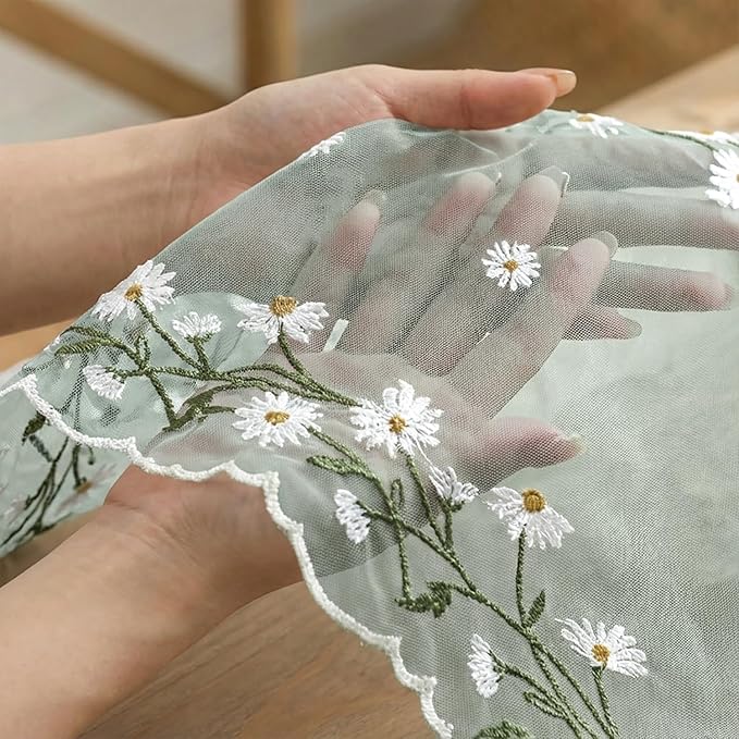 Artoid Mode Daisy Floral Sage Green Shaped Gauze Embroidery Table Runner 120 Inch 10FT, Tulle Spring Summer Kitchen Dining Table Decor for Home Party