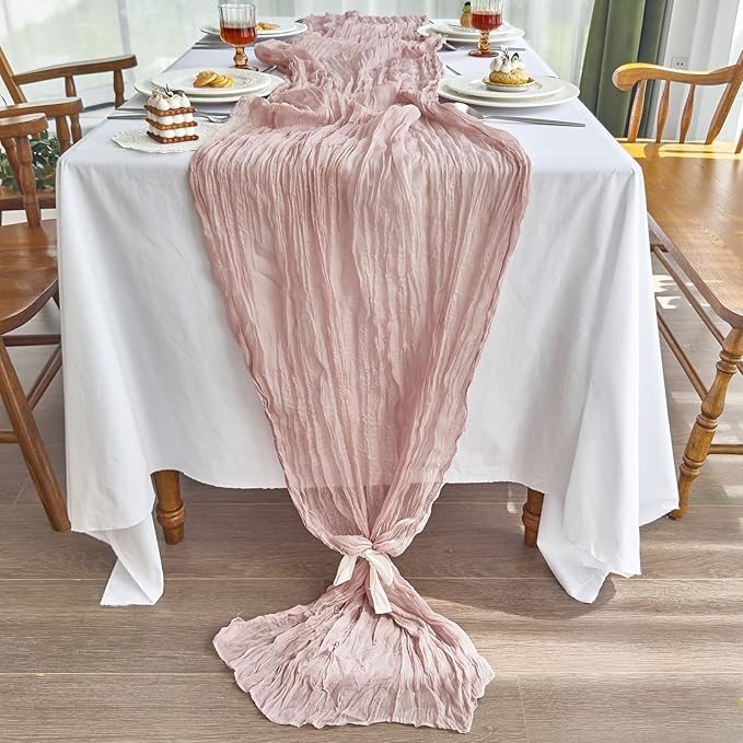 IVAPUPU 4 Pcs Cheesecloth Table Runner - 10ft Dusty Pink Spring Boho Gauze Cheese Cloth Table Runners for Baby Shower Decorations Wedding Party Summer Garden Farmhouse Decor