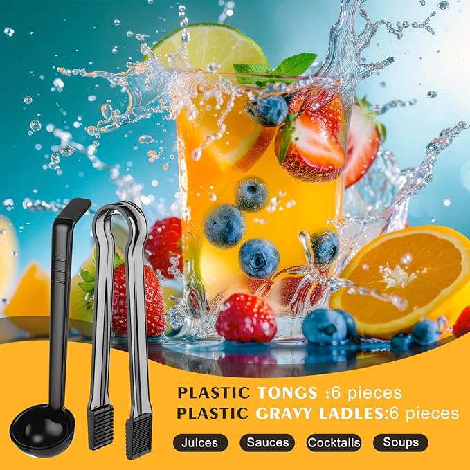 12 Pieces Plastic Serving Utensils Set Including 6 Pcs 1 oz Small Ladle and 6 Pcs Tong Acrylic Long Handle Ladle for Serving Sauce, Soup, Dressing, Punch Bowl, Gravy for Party Banquet Catering(Black)