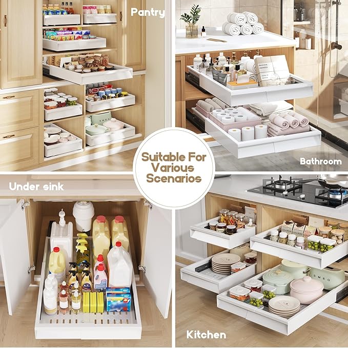 Seinloes 2 Pack Pull Out Cabinet Organizer With Raising Pad for Framed Cabinets,Expandable Width (11"-16") and Depth (17"-24"),3 Slide Rails Slide Out Drawers with Handle,No-Drill Roll Out Shelf,White