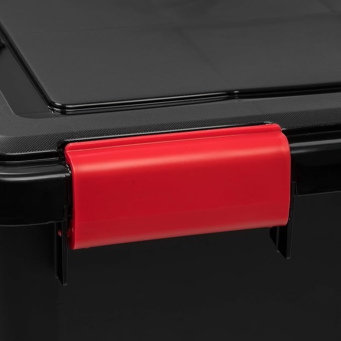 IRIS USA WeatherPro 74 Qt Storage Bins with Lids, 4 Pack, BPA-Free Plastic Gasket Box with Tight Latch and Seal, Stackable Nestable Tote Tub - Black/Red