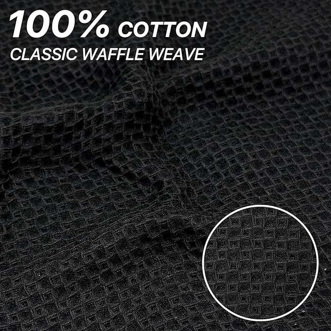 100% Cotton Waffle Weave Kitchen Towels, 6 Pack Dish Cloths for Washing Dishes, Ultra Soft Absorbent Dish Towels, Quick Drying Kitchen Rags, 12x12 Inches, Black