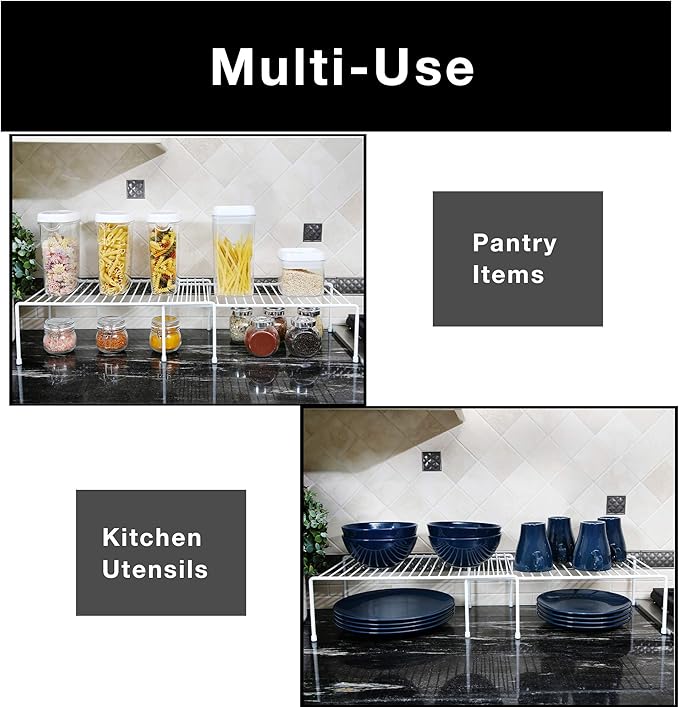 Smart Design Expandable Storage Rack - Set of 6 - Metal Wire - Kitchen Counter, Bathroom Medicine Organizer, Dish, Plate Display Shelf, Sink Cabinet, Spice Pantry - 16 x 32.5 - White