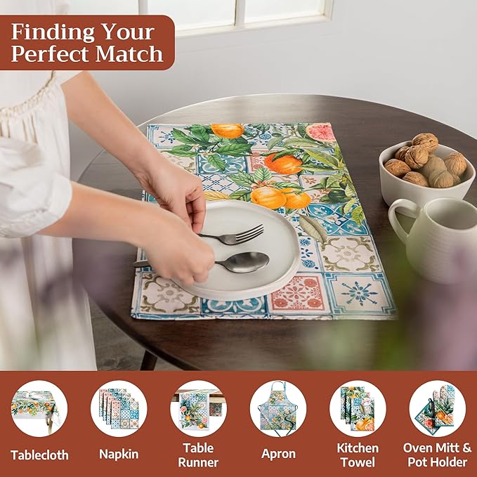 Maison d' Hermine Placemats Set of 4 100% Cotton Washable Cloth Place Mats Reusable Table Mats for Kitchen Dining Party Wedding Gifts for Mothers Day Spring/Summer (Agrume, 13" x 19")