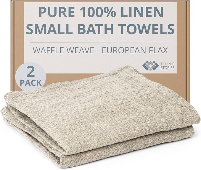 Pure Linen Small Bath Towels - Set of 2 pcs 20x40-inch Quick Dry Towels for Sensitive Skin - Thin Towels for Bathroom - Lightweight Waffle Weave Towel for Kids