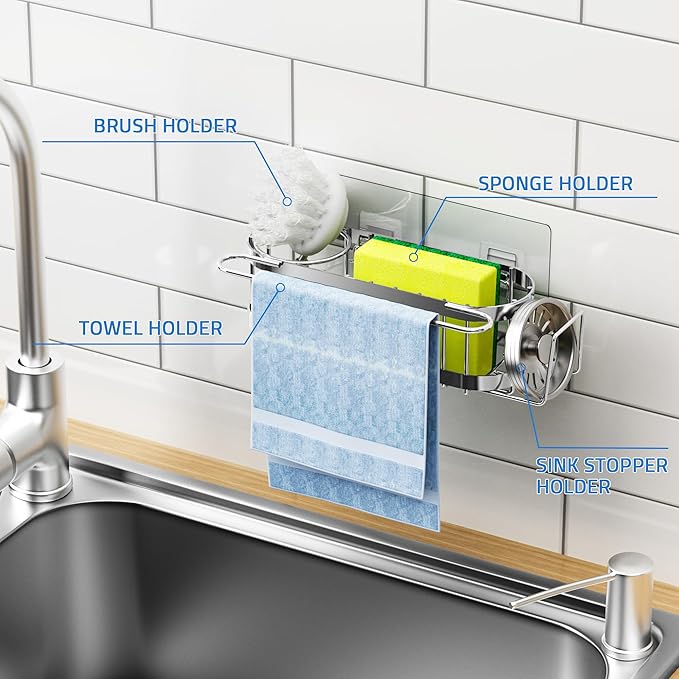 Cisily Silver Kitchen Sink Caddy Sponge Holder in The Sink, Stainless Steel Kitchen Organizer, Brush Holder, Dish Cloth Hanger 2 Installation Ways (Hanging& Adhesives