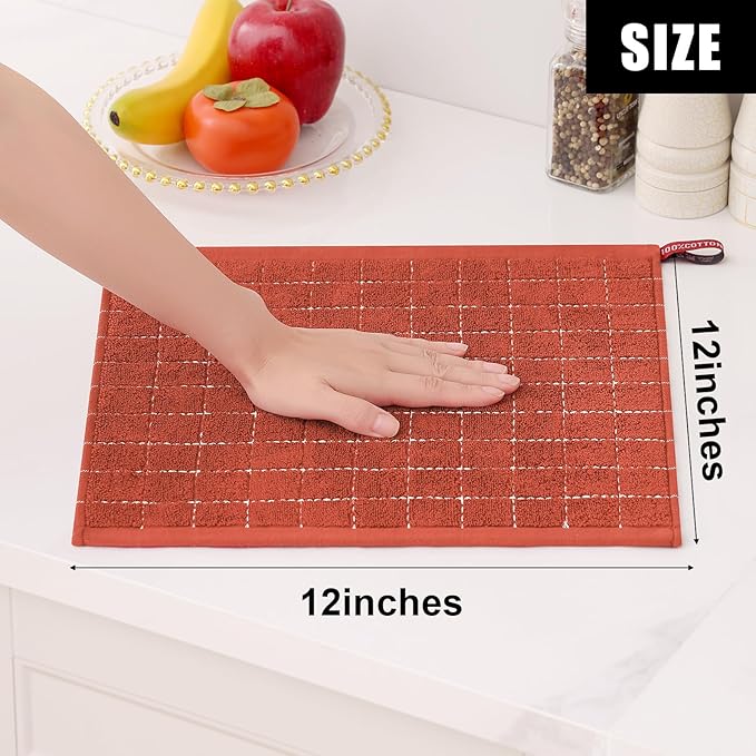 Homaxy 100% Cotton Terry Kitchen Dish Cloths, Ultra Soft and Absorbent Dish Towels for Kitchen, Suitable for Drying and Washing Dishes, 12 Pack, 12 x 12 Inches, Rust