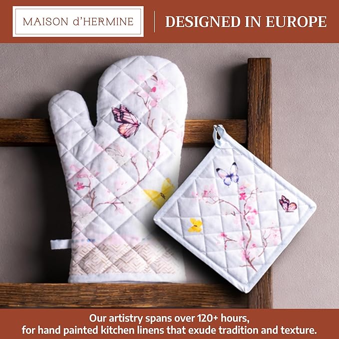 Maison d' Hermine 100% Cotton Oven Mitt & Pot Holder Set (7.5"x13" & 8"x8") Heat Resistant BBQ Cooking Gloves with Loop Grilling Kitchen Gifts for Mothers Day Spring/Summer (Blossoms in Spring)