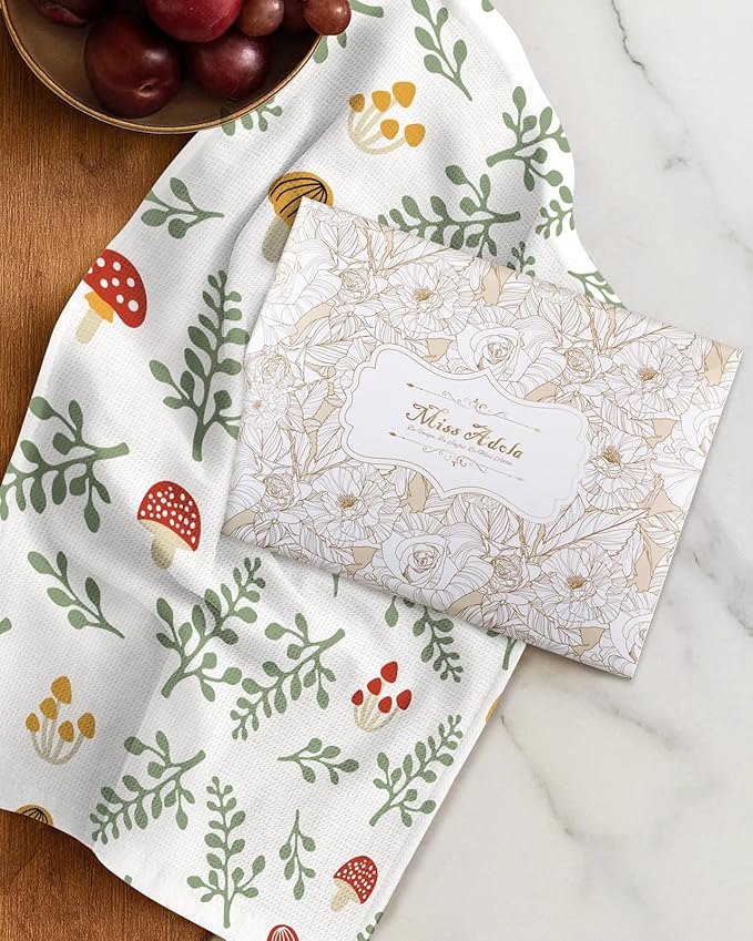 Miss Adola 2pcs Waffle Kitchen Towels - 16x26 Inch Cotton Waffle Weave Dish Cloths Set of 2 with Hanging Loop Absorbent Hand Tea Towels Cute Design for Housewarming Gift, Mushroom