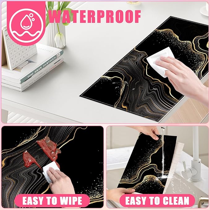 Black Gold Marble Placemats Set of 6,12x18 Inch Linen Place Mat Washable Stain Resistant Table Mats for Spring Summer Seasonal Farmhouse Kitchen Party Home Decor