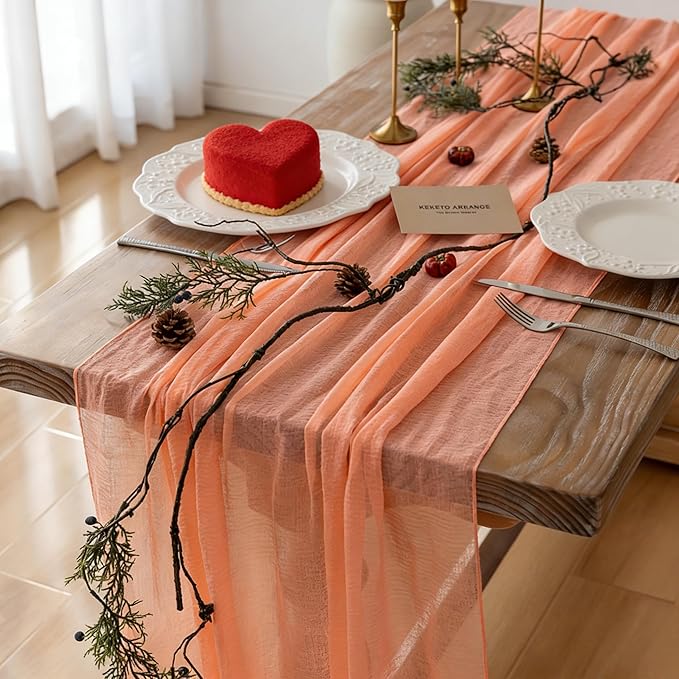 Keketoarrange 6pcs Fresh Salmon Cheesecloth Table Runner Valentines Decor Peach Echo Gauze 120 Inch 10 FT Boho Table Runner for Wedding Baby Shower Bridal Shower Party Sheer Spring Home Decorations