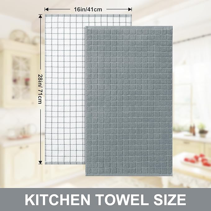 Homaxy Premium Cotton Kitchen Towels 16"x 28", Large Natural Ring Spun 390 GSM Dish Towels, Super Absorbent Terry Kitchen Hand Towels, Soft Tea Towels with Hanging Loop, Grey Check Design, 8 Pack
