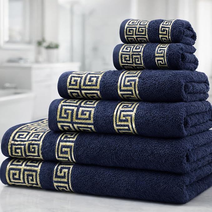 Premium Soft Cotton 6 Piece Towel Set with Greek Key Design – 2 Bath Towels 2 Hand Towels 2 Washcloths, Ultra Absorbent & Quick Dry Turkish Towels for Bathroom, Navy Blue Towel Sets G04