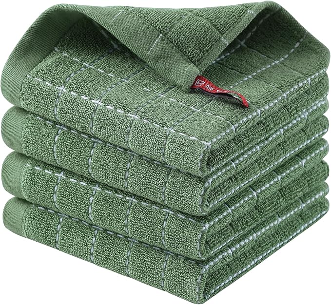 Homaxy 100% Cotton Terry Kitchen Dish Cloths, Ultra Soft and Absorbent Dish Towels for Kitchen, Suitable for Drying and Washing Dishes, 4 Pack, 12 x 12 Inches, Grass Green