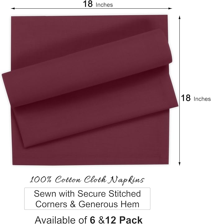 Ruvanti Cloth Napkins Set of 6, 100% Cotton High GSM 18x18 Inches Soft, Washable, Highly Durable & Absorbent, Perfect for Parties, Christmas, Thanksgiving Dinners – Burgundy