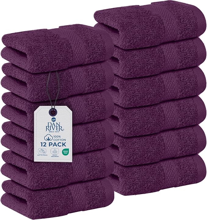 DAN RIVER 12-Pack Premium 100% Cotton Purple Passion Face Towels for Bathroom - Reusable Face Wash Cloths for Showering 12 X 12 Inches - 550 GSM Super Soft & Absorbent Luxury WashCloths for Body & Spa