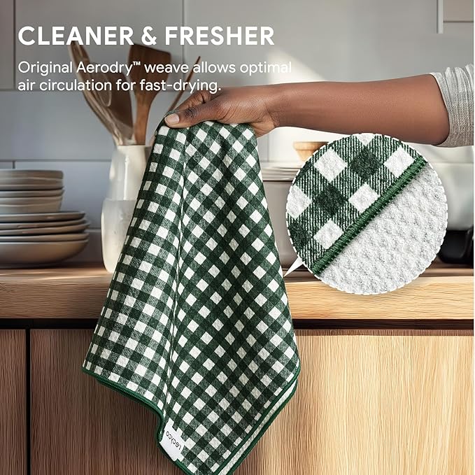 RECYCO Waffle Kitchen Towel Set of 2 - Quick Dry Microfiber Sustainable Dish Towels - Ultra Absorbent Reusable Cleaning Tea Towels - Lightweight Hand Towels,16”x 28”, Pine Green Plaid