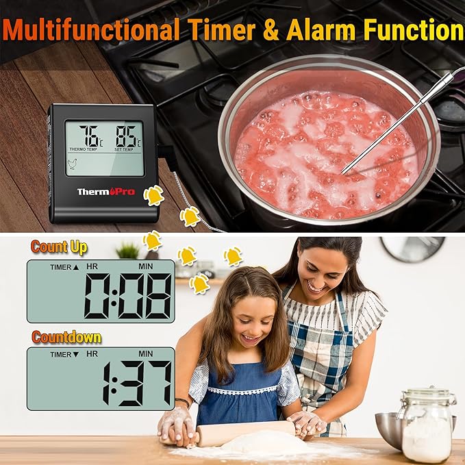 TempPro TP16H Large LCD Digital Meat Thermometer for Cooking, Smoking, Grilling, BBQ Food Thermometer with Clock Timer and Stainless Steel Probe, Black (Previously ThermoPro)