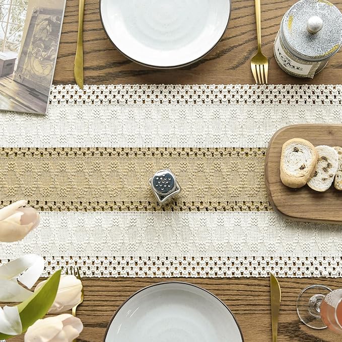 Artoid Mode Burlap Brown Farmhouse Rustic Table Runner, Seasonal Holiday Hollow Kitchen Dining Table Decoration for Home Party Decor 12x36 Inch