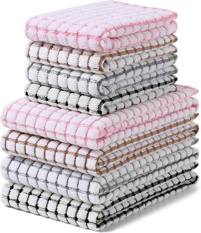 Homaxy Kitchen Towels and Dishcloths Set, 16 x 25 and 12 x 12 Inches, Set of 8 Cotton Terry Kitchen Dish Towels, Super Soft and Absorbent Dish Cloths, Black/Grey/Pink/Brown