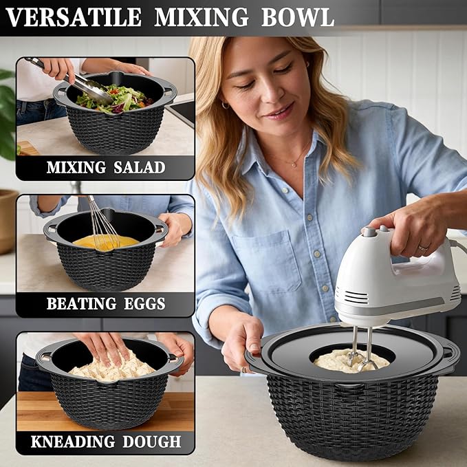 4-1 Colander with Bowl Set - Colander for Kitchen - Rotatable Strainers and Colanders(Patented) - Pasta Strainer - Bowl With Colander & New Upgraded Graters for Fruit Veggie, Kitchen Essentials, Black