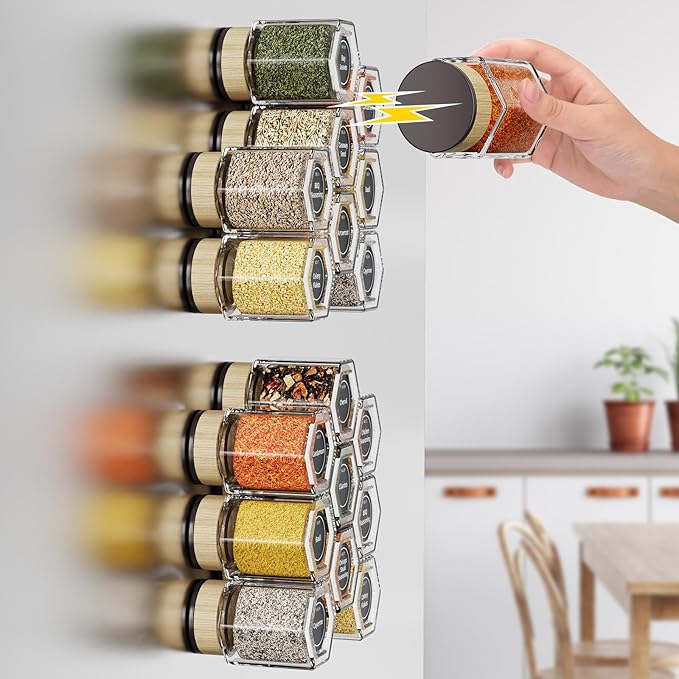 Vetacsion Set of 18 Magnetic Glass Spice Tins with 100 Preprinted Seasoning Label Stickers (Include Black Metal Wall-Plates)