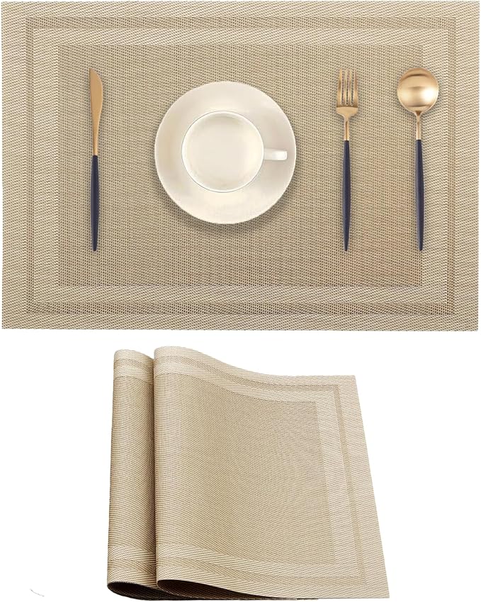 Khaki Placemats Set of 2 - Heat Resistant Non-Slip Place mats for Dining Table, Washable Durable PVC Vinyl Woven Table Mats (Khaki, 2)