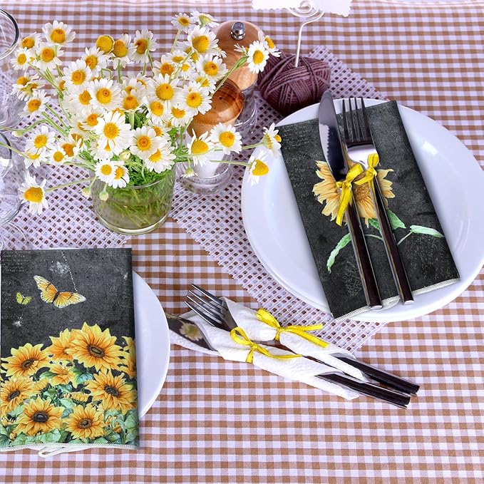 Bencailor 6 Pcs Black Sunflower Kitchen Towels Decorative Sets Dish Towels Absorbent Fast Drying Hand Tea Vintage Hanging Reusable Cleaning Dishcloths for Cooking Farmhouse Bathroom Accessory
