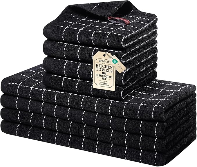 Homaxy Kitchen Towels and Dishcloths Set, 12 x 12 and 13 x 28 Inches, Set of 8 Bulk Cotton Terry Kitchen Towels Set, Checkered Designed, Soft and Super Absorbent Dish Towels, Black