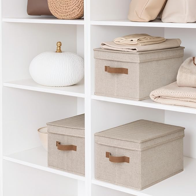 StorageWorks Storage Bins with Lids, Decorative Storage Boxes with PU Handles, Foldable Storage Baskets for Closet, Shelves, Stackable, Brown and Beige, Large, 3-Pack