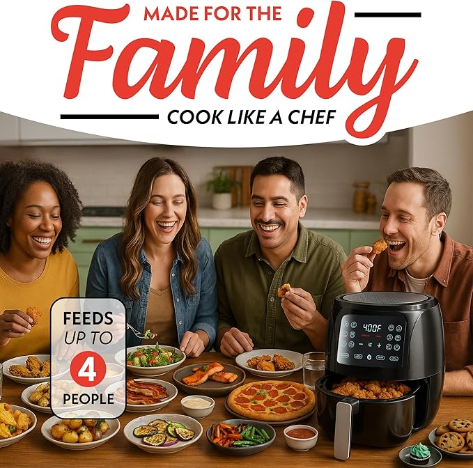Gourmia Air Fryer - 4 Qt Capacity, FryForce360º, Digital Display with 8 Presets, Roast, Bake, Broil, Dehydrate, Dishwasher Safe Accessories, Compact, Black